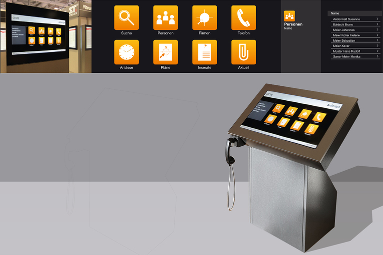 Kiosk Bild mit Interaktiver Suche und Beispiel eines Pult-Terminals